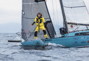 Brianna Randall adjusts the jib off the coast of British Columbia during the 2024 Race to Alaska.